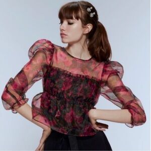 Zara Sheer Floral Organza Blouse – Puff Sleeves – Size S – NWOT